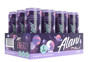 Pack of Alani Nu Energy drinks in Cosmic Stardust flavor with packaging displaying brand name.
