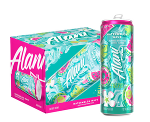 Alani energy drink can and packaging with watermelon wave design on a white background