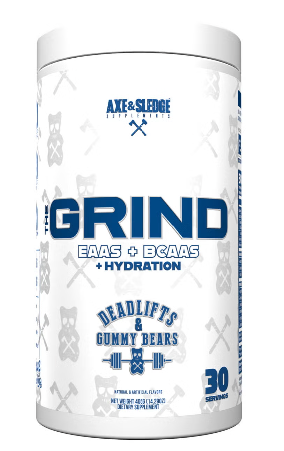 Supplement container labeled 'The Grind' by Axe & Sledge on a white background