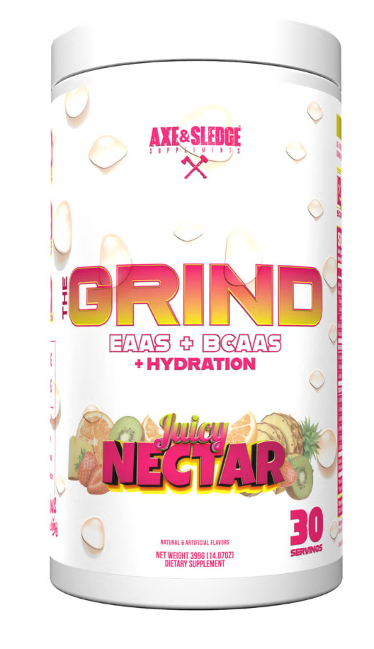 Supplement container labeled 'The Grind' with 'Juicy Nectar' flavor on a white background