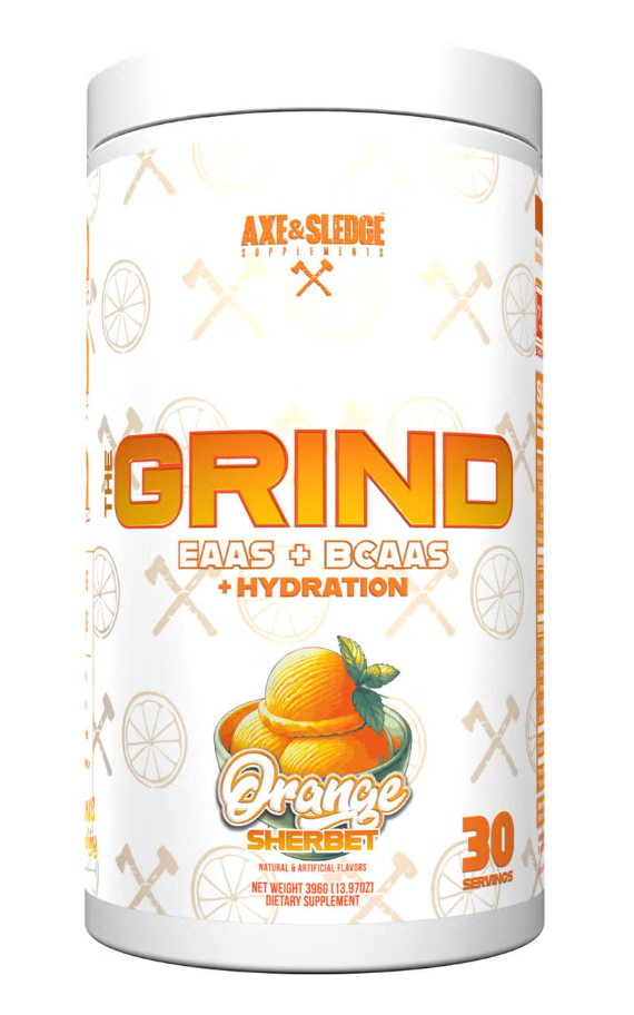Axe & Sledge The Grind supplement container with orange sherbet flavor on a white background