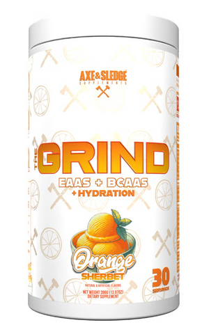 Axe & Sledge The Grind supplement container with orange sherbet flavor on a white background