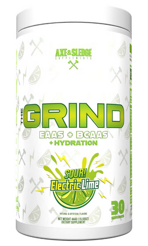 Container of 'The Grind' supplement with sour electric lime flavor on a white background