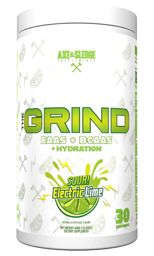 Container of 'The Grind' supplement with sour electric lime flavor on a white background