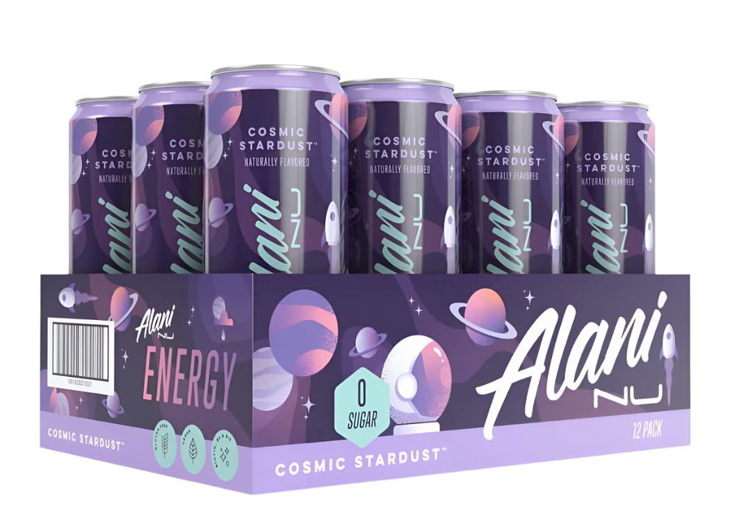 Pack of Alani Nu Energy drinks in Cosmic Stardust flavor with packaging displaying brand name.