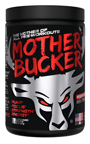 A container of Bucked Up Mother Bucker pre-workout supplement with a graphic of a bucking bull on the front.