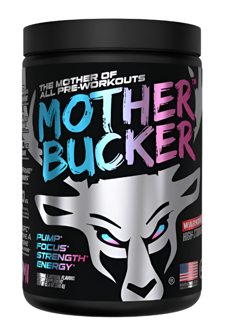 Black supplement container labeled 'Mother Bucker' with colorful text on a white background