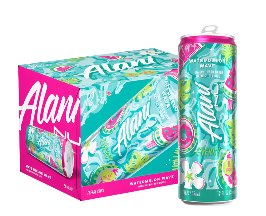 Alani energy drink can and packaging with watermelon wave design on a white background